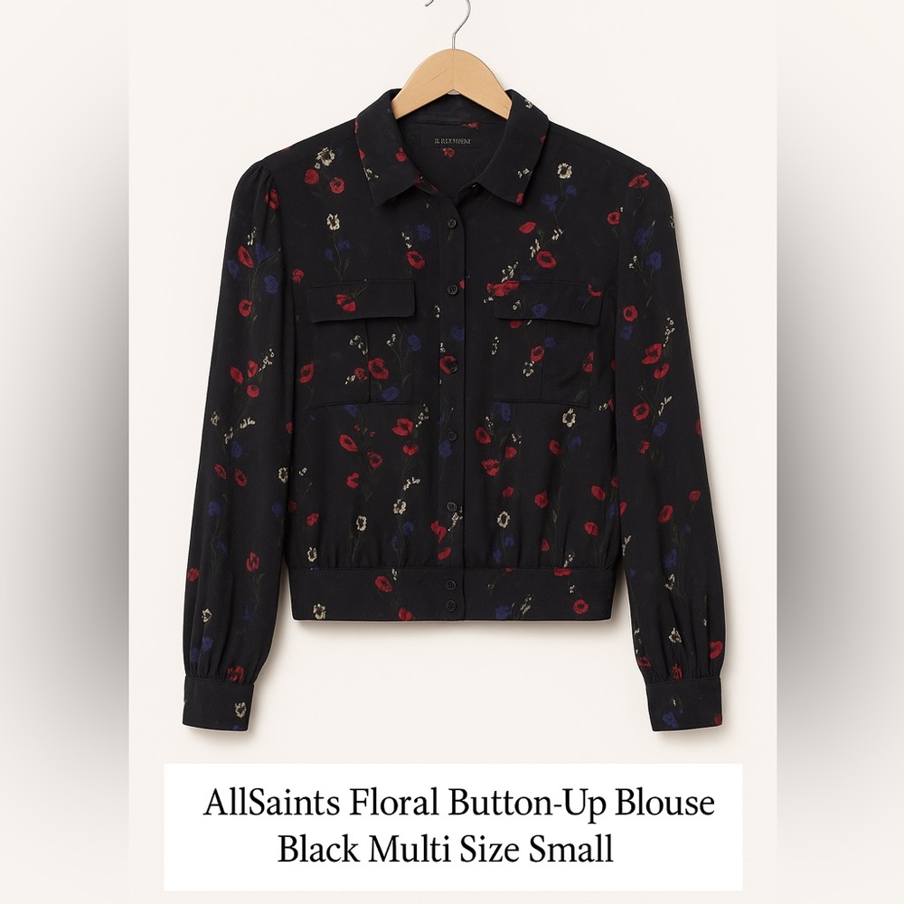 AllSaints Black Floral Button-Up Blouse